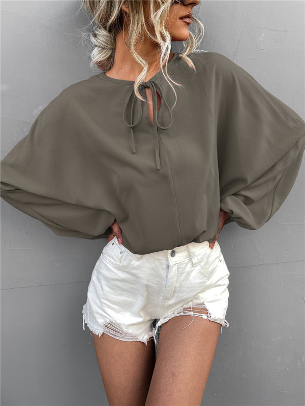 Women's Woven Balloon Sleeve Tie V-Neck Loose Casual Shirt