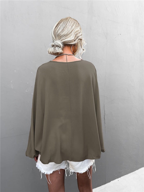 Women's Woven Balloon Sleeve Tie V-Neck Loose Casual Shirt