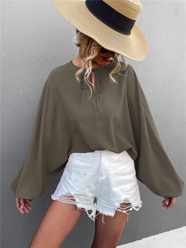 Women's Woven Balloon Sleeve Tie V-Neck Loose Casual Shirt