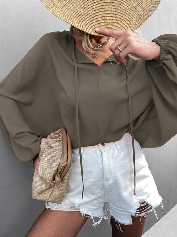 Women's Woven Balloon Sleeve Tie V-Neck Loose Casual Shirt