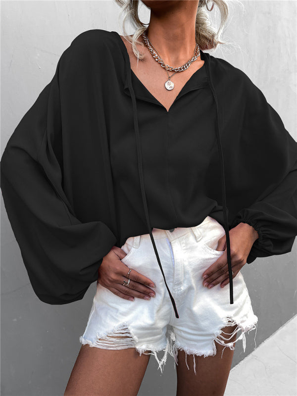 Women's Woven Balloon Sleeve Tie V-Neck Loose Casual Shirt