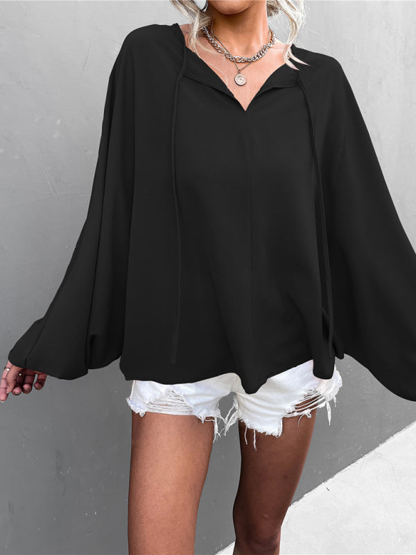 Women's Woven Balloon Sleeve Tie V-Neck Loose Casual Shirt