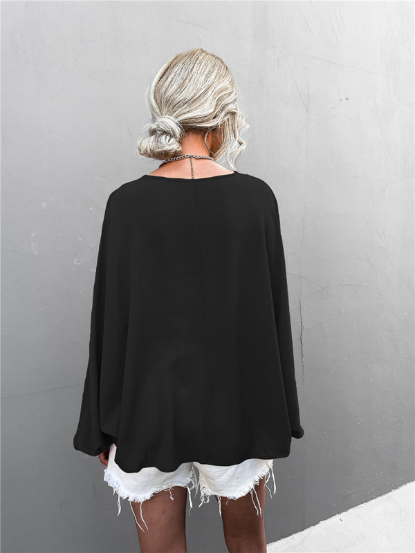 Women's Woven Balloon Sleeve Tie V-Neck Loose Casual Shirt