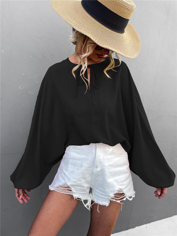 Women's Woven Balloon Sleeve Tie V-Neck Loose Casual Shirt