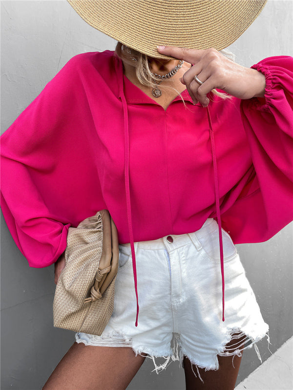 Women's Woven Balloon Sleeve Tie V-Neck Loose Casual Shirt