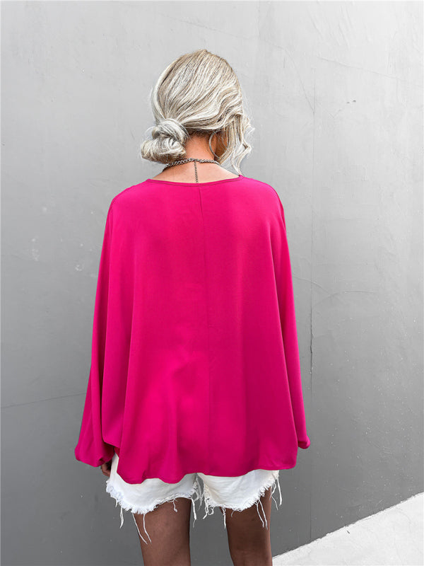 Women's Woven Balloon Sleeve Tie V-Neck Loose Casual Shirt