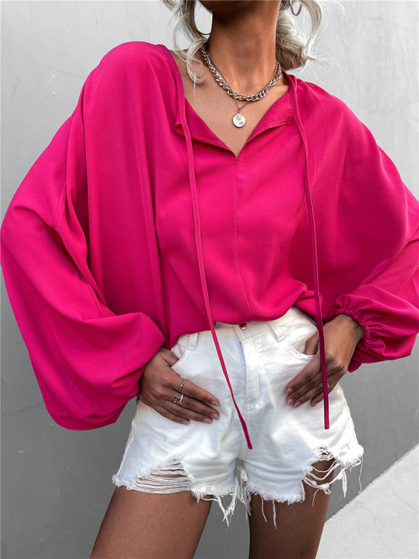 Women's Woven Balloon Sleeve Tie V-Neck Loose Casual Shirt