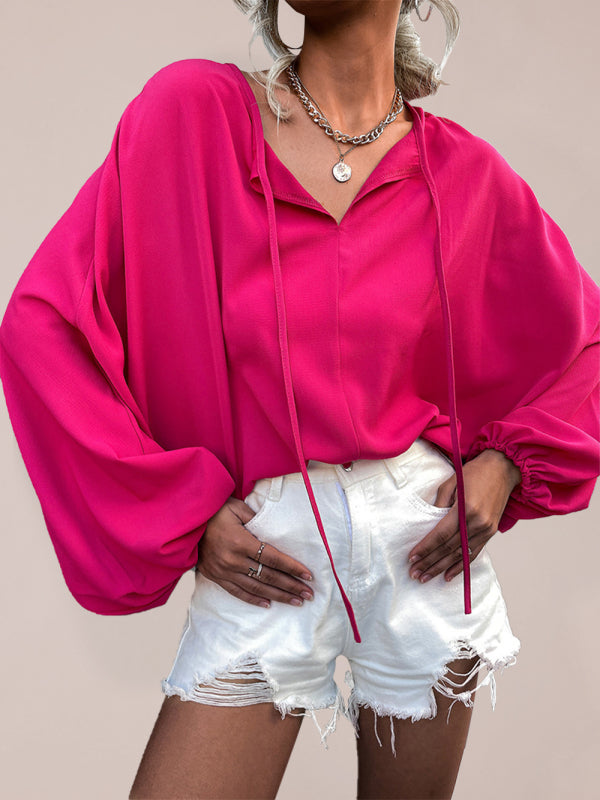 Women's Woven Balloon Sleeve Tie V-Neck Loose Casual Shirt