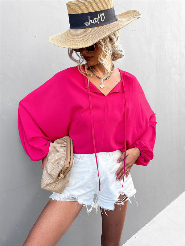 Women's Woven Balloon Sleeve Tie V-Neck Loose Casual Shirt