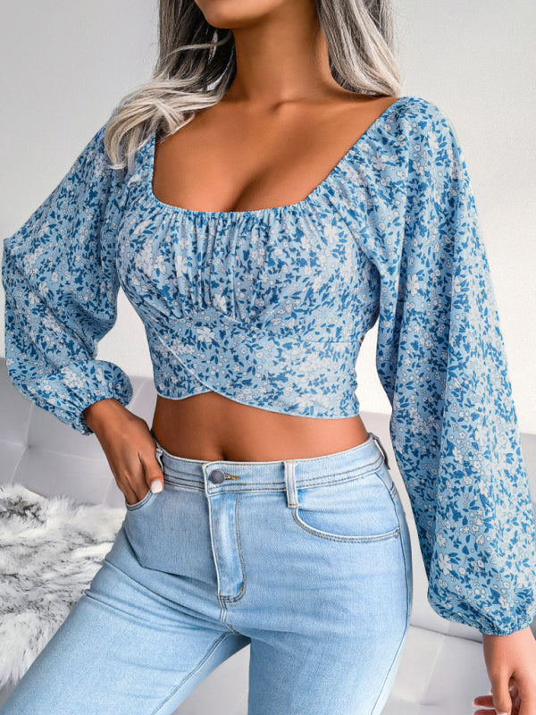 Lantern sleeve bowknot floral chiffon shirt holiday style crop top