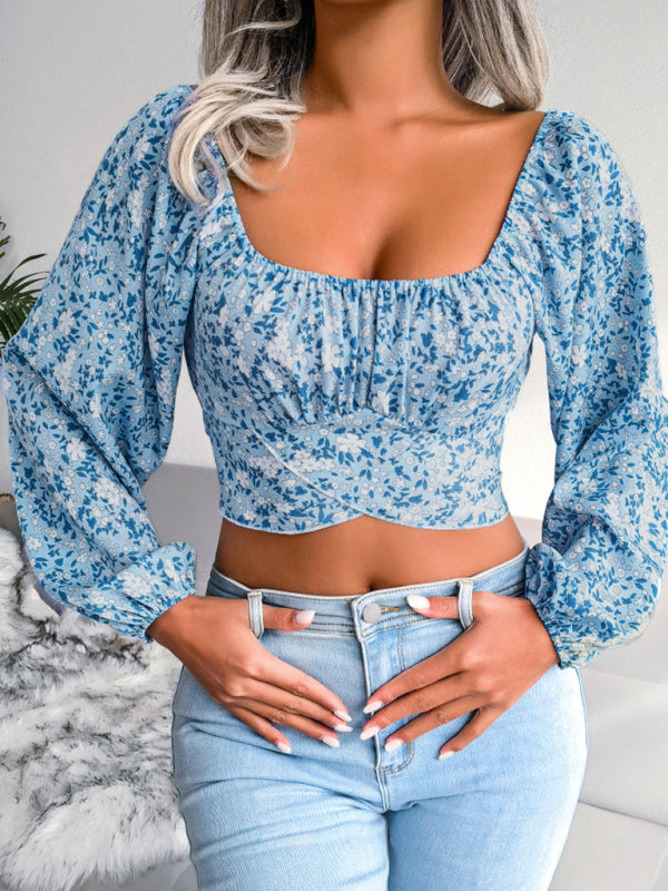 Lantern sleeve bowknot floral chiffon shirt holiday style crop top