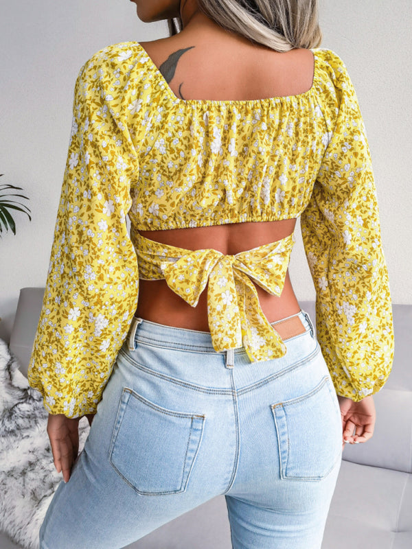 Lantern sleeve bowknot floral chiffon shirt holiday style crop top