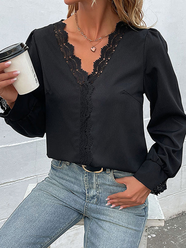 Women's woven V-neck lace long-sleeved shirt