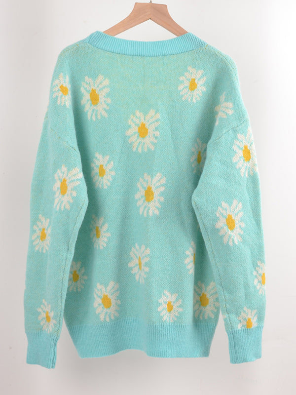 Printed knitted sweater coat sweater cardigan daisy sweater