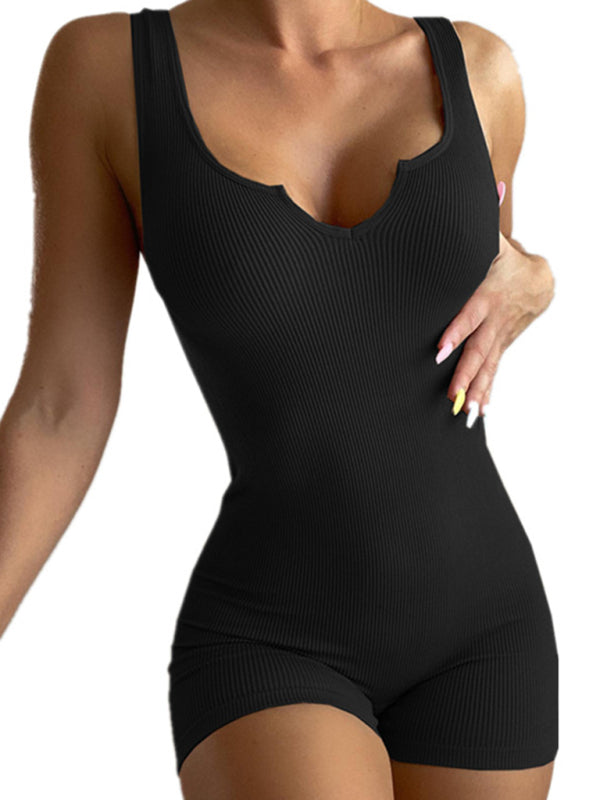 Solid Color Casual Knit Rib V-Neck Tank Top Slim Fit Jumpsuit