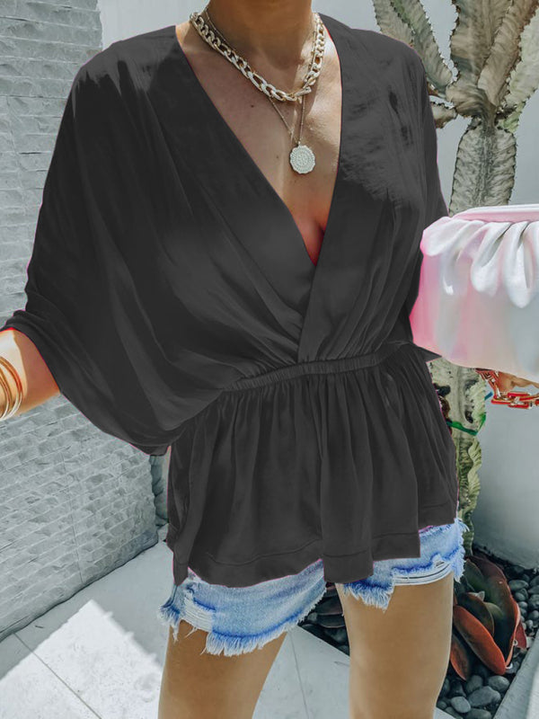 New style cotton V-neck elastic waist casual fashion short-sleeved shirt