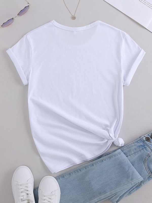 Women's Knitted Casual Round Neck Printed Short Sleeve T-Shirt