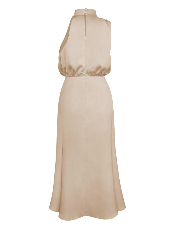 Women's woven halter neck high-quality satin strap slim-fit celebrity mid-length dress