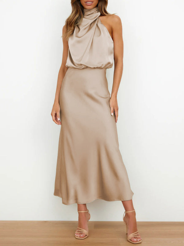 Women's woven halter neck high-quality satin strap slim-fit celebrity mid-length dress