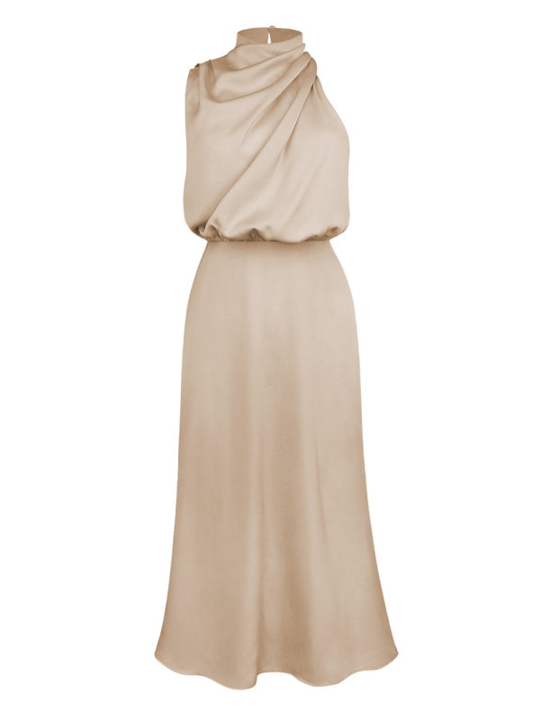 Women's woven halter neck high-quality satin strap slim-fit celebrity mid-length dress