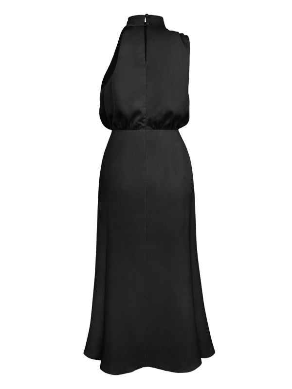 Women's woven halter neck high-quality satin strap slim-fit celebrity mid-length dress