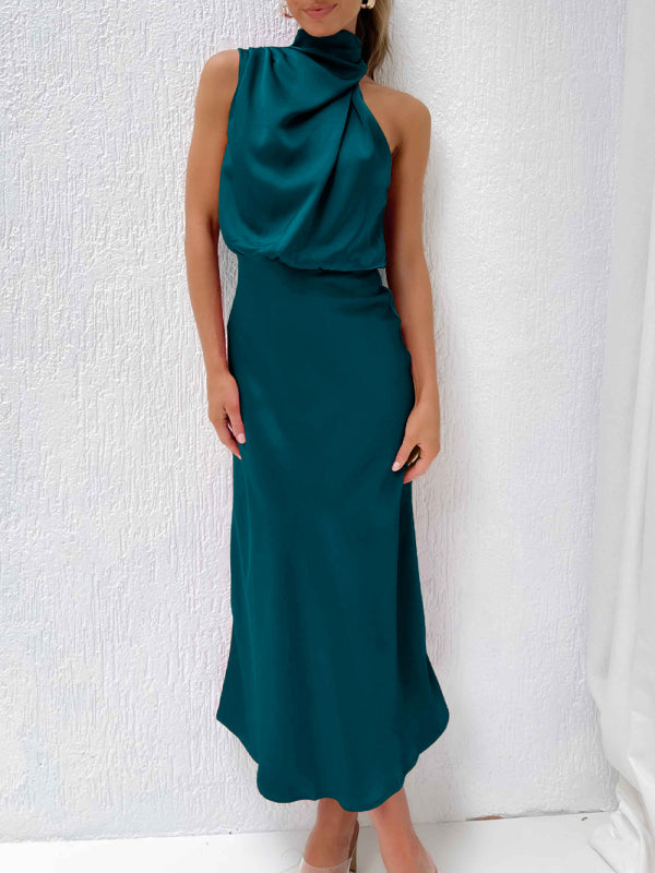 Women's woven halter neck high-quality satin strap slim-fit celebrity mid-length dress