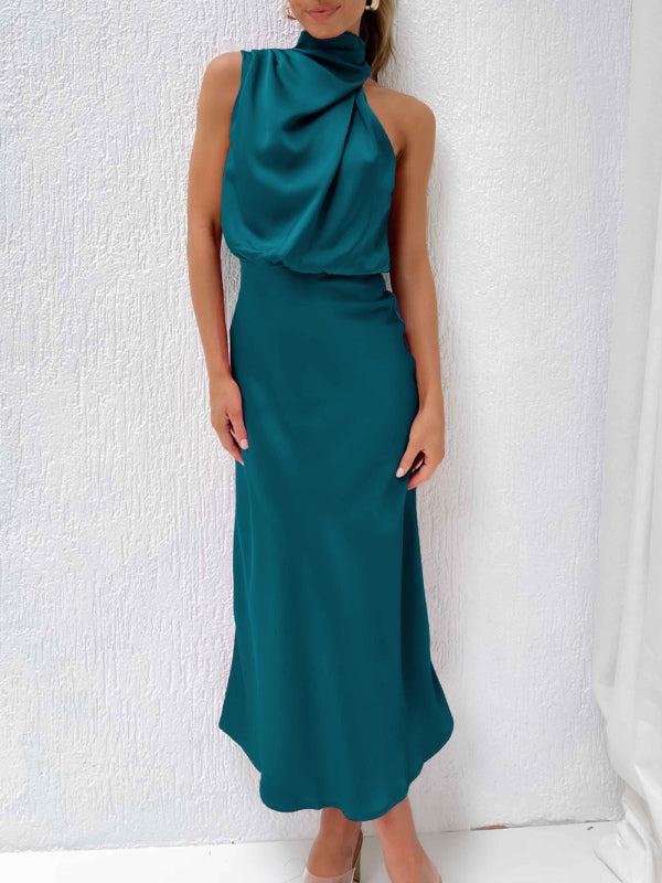 Women's woven halter neck high-quality satin strap slim-fit celebrity mid-length dress