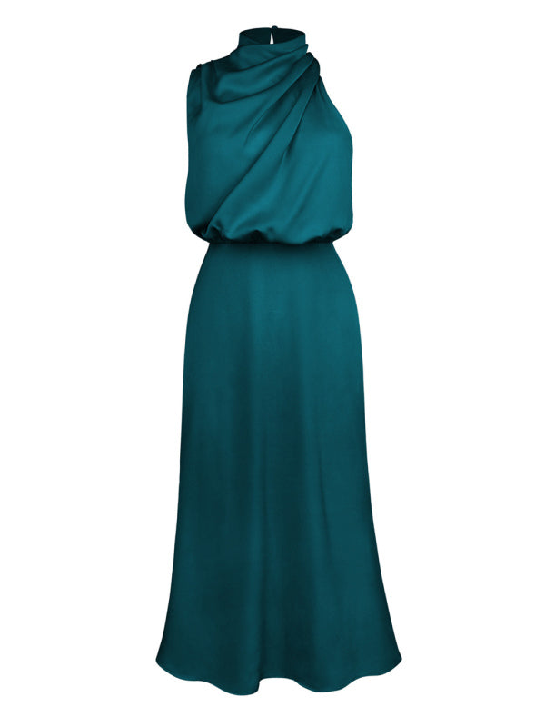 Women's woven halter neck high-quality satin strap slim-fit celebrity mid-length dress