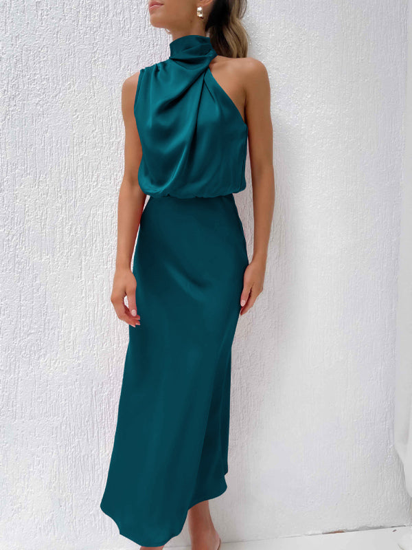 Women's woven halter neck high-quality satin strap slim-fit celebrity mid-length dress