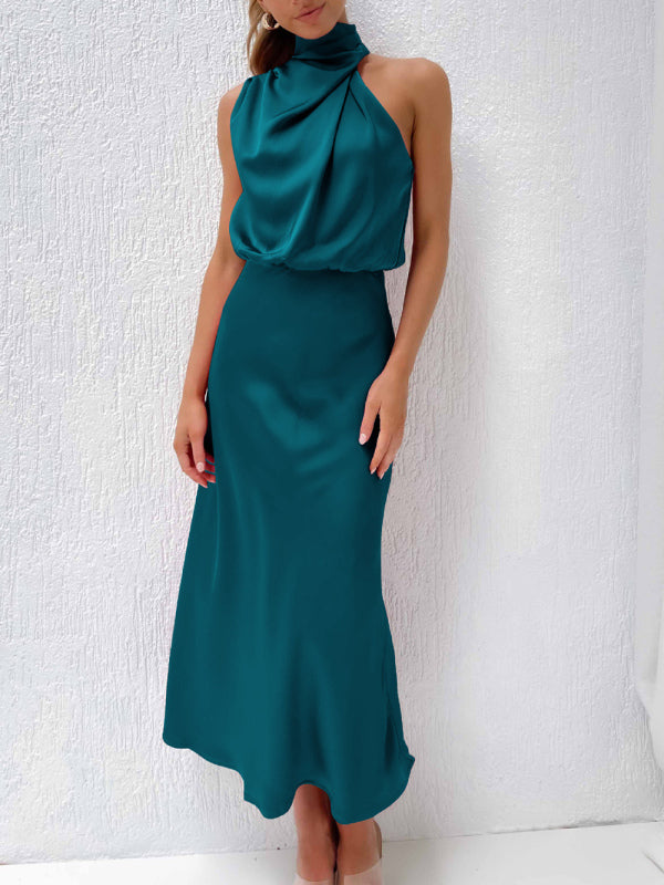 Women's woven halter neck high-quality satin strap slim-fit celebrity mid-length dress