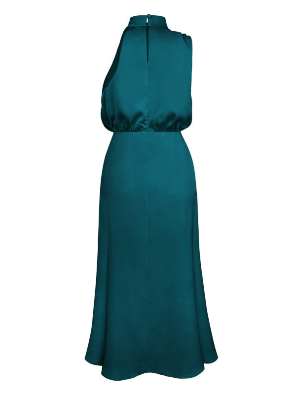 Women's woven halter neck high-quality satin strap slim-fit celebrity mid-length dress