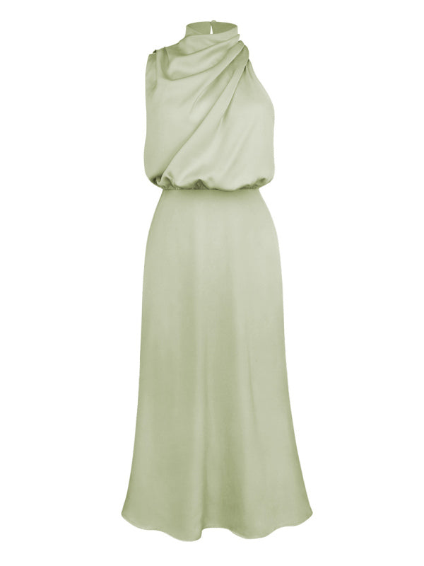 Women's woven halter neck high-quality satin strap slim-fit celebrity mid-length dress