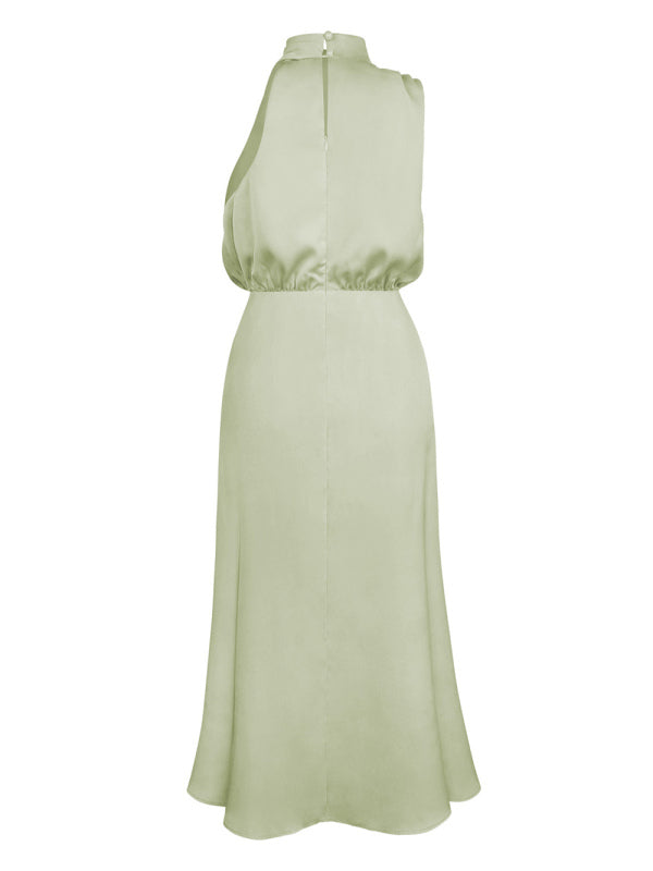 Women's woven halter neck high-quality satin strap slim-fit celebrity mid-length dress