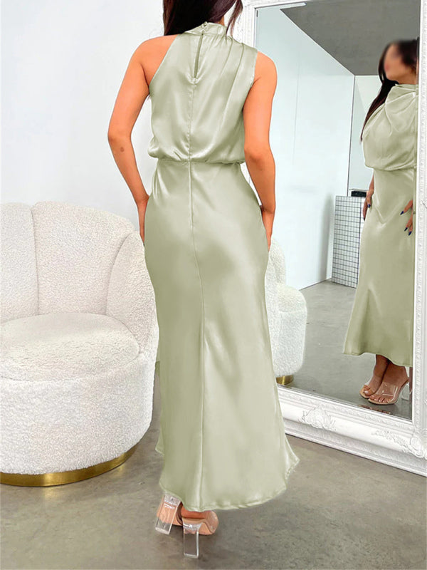 Women's woven halter neck high-quality satin strap slim-fit celebrity mid-length dress