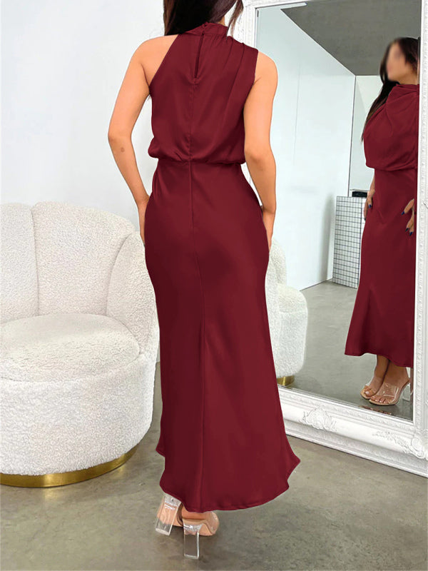 Women's woven halter neck high-quality satin strap slim-fit celebrity mid-length dress