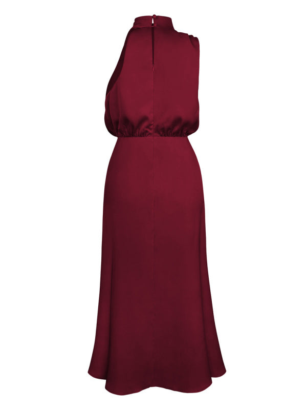 Women's woven halter neck high-quality satin strap slim-fit celebrity mid-length dress