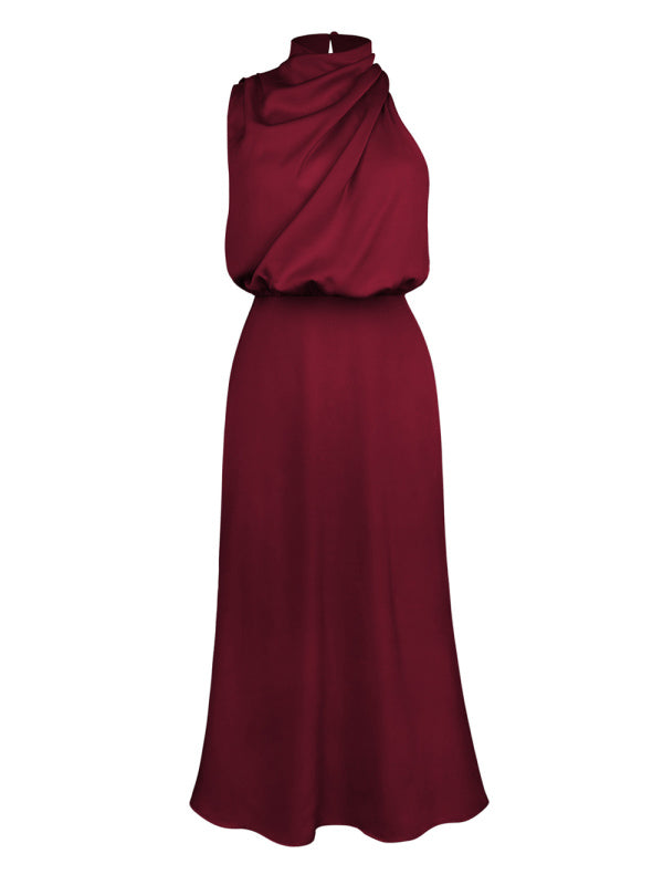 Women's woven halter neck high-quality satin strap slim-fit celebrity mid-length dress