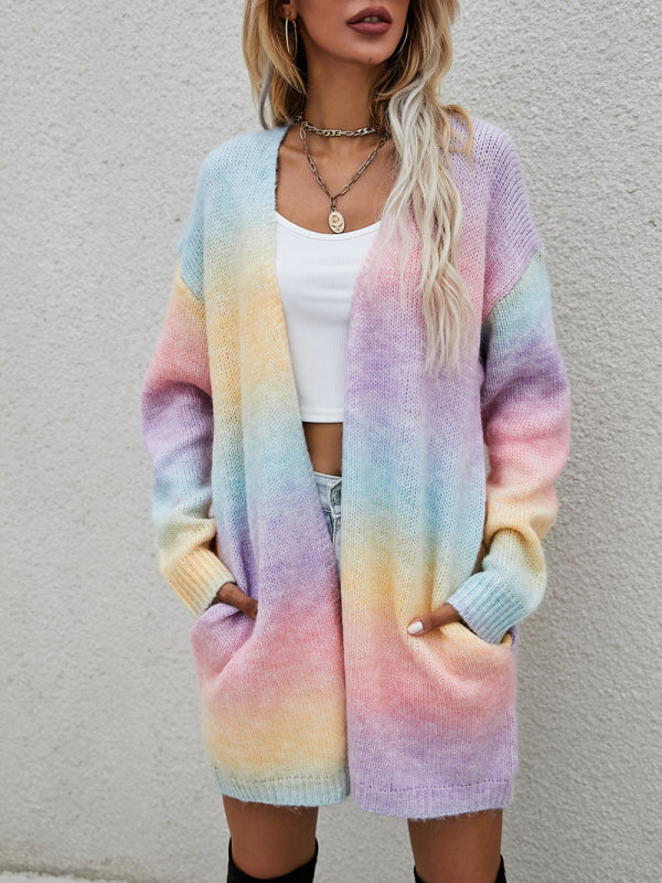 Sweater Rainbow Tie-Dye Mid-Length Oversized Cardigan Pocket Knit Jacket