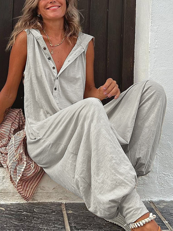 Women's Solid Color Button Hooded Sleeveless Trousers Jumpsuit