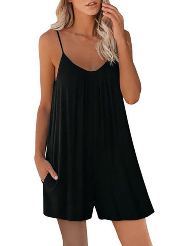 Women's Casual Suspender Shorts Solid Color Round Neck Loose Pocket Jumpsuit