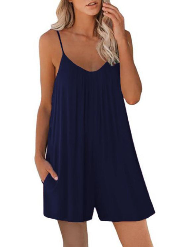 Women's Casual Suspender Shorts Solid Color Round Neck Loose Pocket Jumpsuit