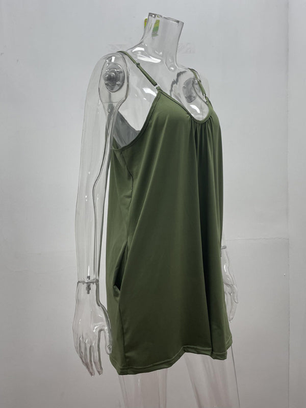 Women's Casual Suspender Shorts Solid Color Round Neck Loose Pocket Jumpsuit