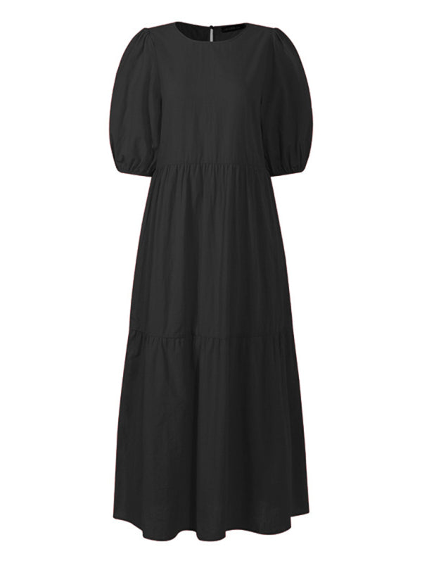 Elegant short-sleeved round neck A-line dress