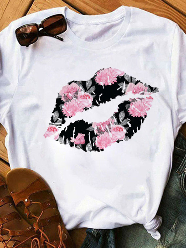 sexy leopard print lips t-shirt round neck short-sleeved T-shirt women's top