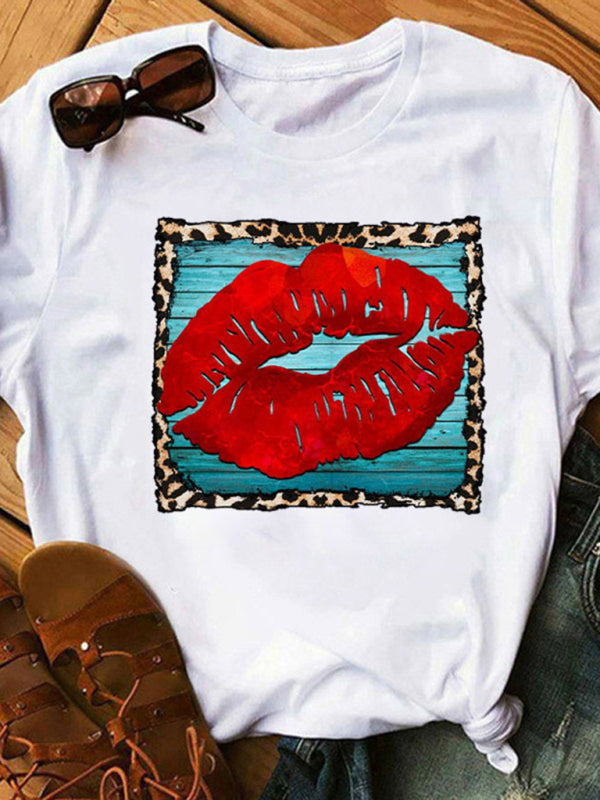 sexy leopard print lips t-shirt round neck short-sleeved T-shirt women's top