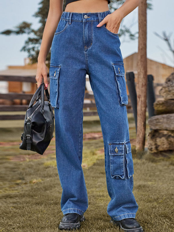 New style denim washed multi-pocket overalls trousers casual trousers