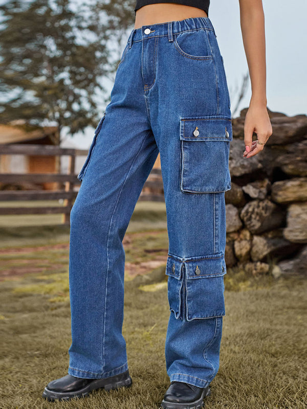 New style denim washed multi-pocket overalls trousers casual trousers
