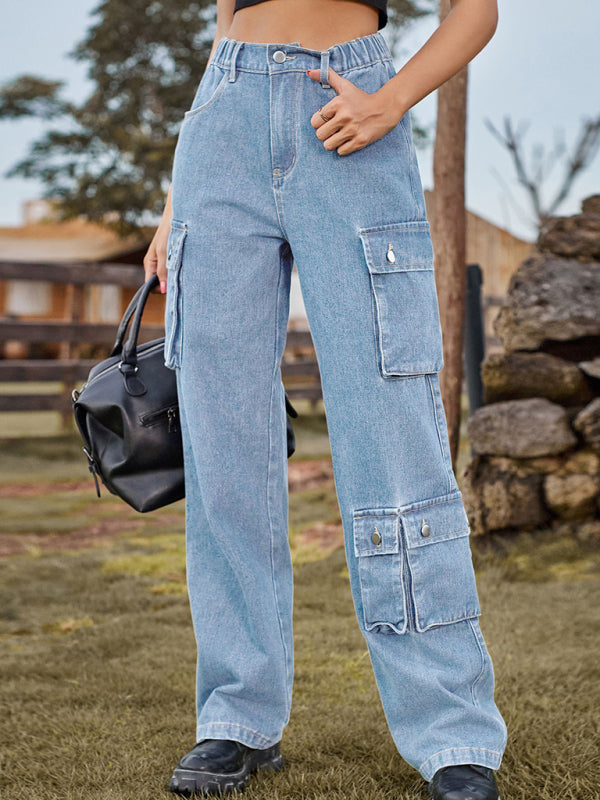 New style denim washed multi-pocket overalls trousers casual trousers