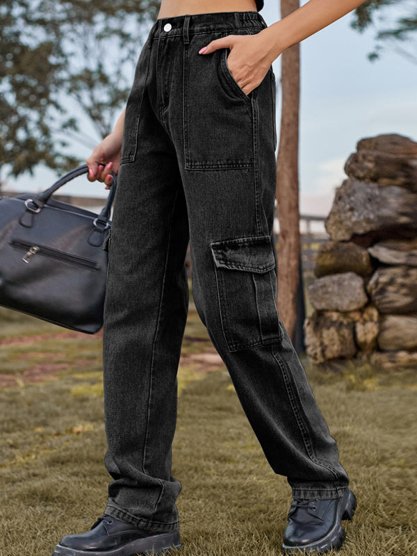 New Washed Semi Elastic Design Personalized Denim Workwear Casual Pants