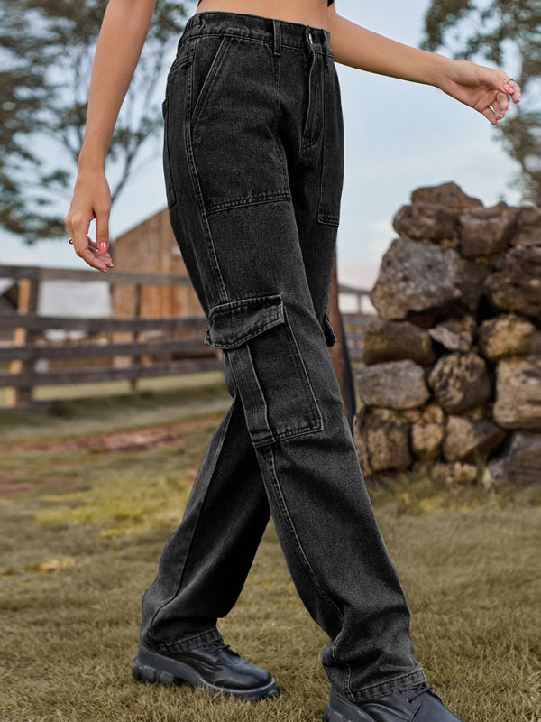 New Washed Semi Elastic Design Personalized Denim Workwear Casual Pants